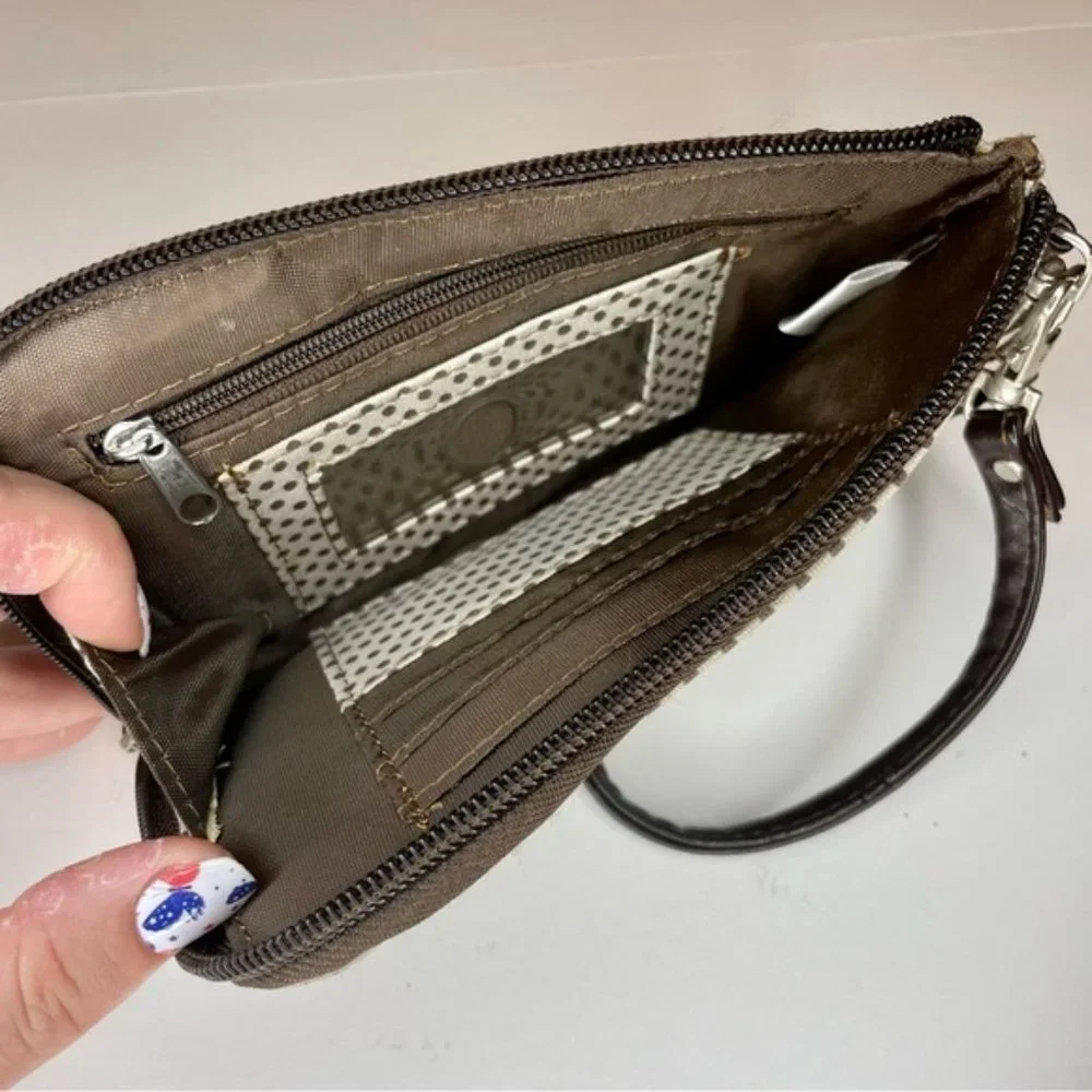 Thirty-One Slim Soft Brown and Cream Polka Dot Wristlet